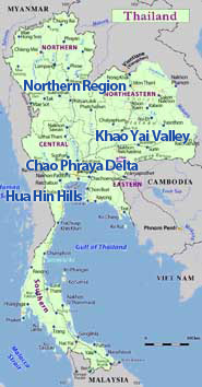 Map of Thailand showing the Thai wine regions